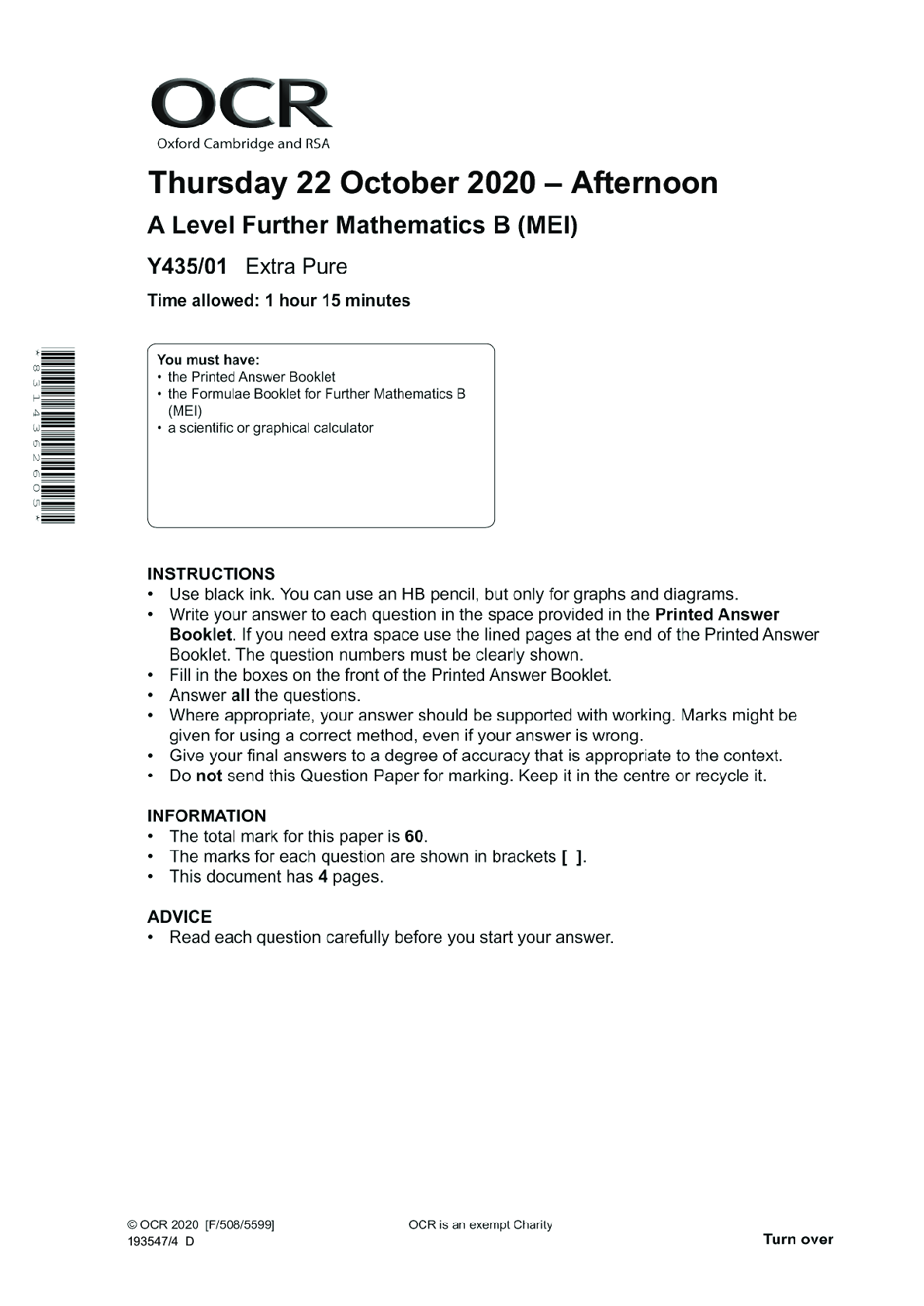 Preview image for Further Mathematics B (MEI) Y435/01: Extra pure Advanced GCE QUESTION PAPER for November 2020